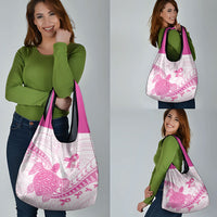 Breast Cancer Awareness Grocery Bag Pink Ribbon Turtle Polynesian Pattern White