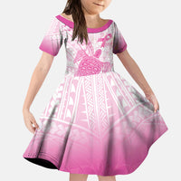 Breast Cancer Awareness Personalised Kid Short Sleeve Dress Pink Ribbon Turtle Polynesian Pattern White