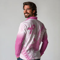 Breast Cancer Awareness Personalised Long Sleeve Polo Shirt Pink Ribbon Turtle Polynesian Pattern White