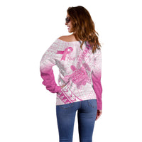 Breast Cancer Awareness Personalised Off Shoulder Sweater Pink Ribbon Turtle Polynesian Pattern White