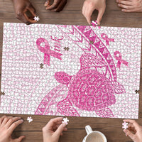 Breast Cancer Awareness Puzzle Pink Ribbon Turtle Polynesian Pattern White