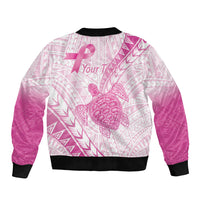 Breast Cancer Awareness Personalised Sleeve Zip Bomber Jacket Pink Ribbon Turtle Polynesian Pattern White