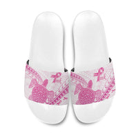 Breast Cancer Awareness Slide Sandals Pink Ribbon Turtle Polynesian Pattern White