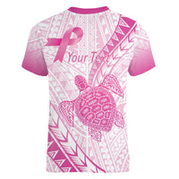 Breast Cancer Awareness Personalised Women V-Neck T-Shirt Pink Ribbon Turtle Polynesian Pattern White