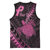 Breast Cancer Awareness Personalised Basketball Jersey Pink Ribbon Turtle Polynesian Pattern Black