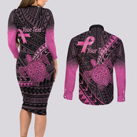 Breast Cancer Awareness Personalised Couples Matching Long Sleeve Bodycon Dress and Long Sleeve Button Shirt Pink Ribbon Turtle Polynesian Pattern Black