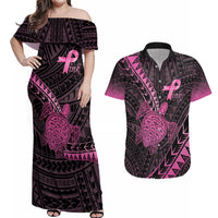Breast Cancer Awareness Personalised Couples Matching Off Shoulder Maxi Dress and Hawaiian Shirt Pink Ribbon Turtle Polynesian Pattern Black