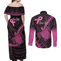 Breast Cancer Awareness Personalised Couples Matching Off Shoulder Maxi Dress and Long Sleeve Button Shirt Pink Ribbon Turtle Polynesian Pattern Black