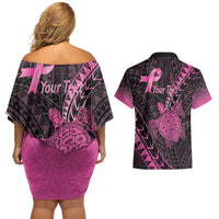 Breast Cancer Awareness Personalised Couples Matching Off Shoulder Short Dress and Hawaiian Shirt Pink Ribbon Turtle Polynesian Pattern Black
