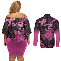 Breast Cancer Awareness Personalised Couples Matching Off Shoulder Short Dress and Long Sleeve Button Shirt Pink Ribbon Turtle Polynesian Pattern Black LT22 - Polynesian Pride