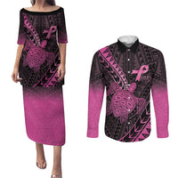 Breast Cancer Awareness Personalised Couples Matching Puletasi and Long Sleeve Button Shirt Pink Ribbon Turtle Polynesian Pattern Black