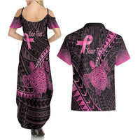 Breast Cancer Awareness Personalised Couples Matching Summer Maxi Dress and Hawaiian Shirt Pink Ribbon Turtle Polynesian Pattern Black