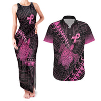 Breast Cancer Awareness Personalised Couples Matching Tank Maxi Dress and Hawaiian Shirt Pink Ribbon Turtle Polynesian Pattern Black