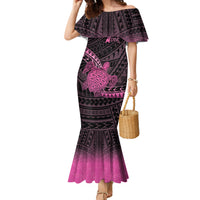 Breast Cancer Awareness Personalised Family Matching Mermaid Dress and Hawaiian Shirt Pink Ribbon Turtle Polynesian Pattern Black