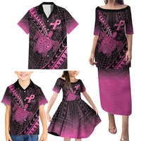 Breast Cancer Awareness Personalised Family Matching Puletasi and Hawaiian Shirt Pink Ribbon Turtle Polynesian Pattern Black