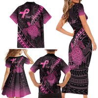 Breast Cancer Awareness Personalised Family Matching Short Sleeve Bodycon Dress and Hawaiian Shirt Pink Ribbon Turtle Polynesian Pattern Black