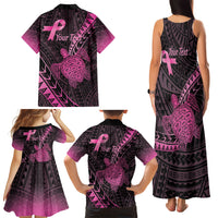 Breast Cancer Awareness Personalised Family Matching Tank Maxi Dress and Hawaiian Shirt Pink Ribbon Turtle Polynesian Pattern Black