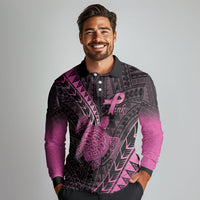 Breast Cancer Awareness Personalised Long Sleeve Polo Shirt Pink Ribbon Turtle Polynesian Pattern Black