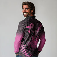 Breast Cancer Awareness Personalised Long Sleeve Polo Shirt Pink Ribbon Turtle Polynesian Pattern Black