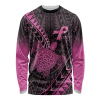 Breast Cancer Awareness Personalised Long Sleeve Shirt Pink Ribbon Turtle Polynesian Pattern Black