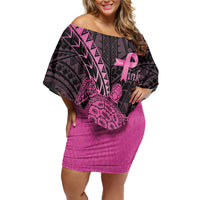 Breast Cancer Awareness Personalised Off Shoulder Short Dress Pink Ribbon Turtle Polynesian Pattern Black LT22 Women Pink - Polynesian Pride