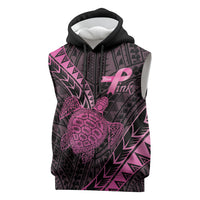 Breast Cancer Awareness Personalised Sleeveless Hoodie Pink Ribbon Turtle Polynesian Pattern Black