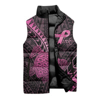 Breast Cancer Awareness Personalised Sleeveless Puffer Jacket Pink Ribbon Turtle Polynesian Pattern Black