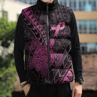 Breast Cancer Awareness Personalised Sleeveless Puffer Jacket Pink Ribbon Turtle Polynesian Pattern Black