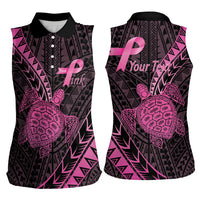 Breast Cancer Awareness Personalised Women Sleeveless Polo Shirt Pink Ribbon Turtle Polynesian Pattern Black LT22 - Polynesian Pride