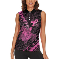 Breast Cancer Awareness Personalised Women Sleeveless Polo Shirt Pink Ribbon Turtle Polynesian Pattern Black LT22 - Polynesian Pride
