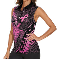 Breast Cancer Awareness Personalised Women Sleeveless Polo Shirt Pink Ribbon Turtle Polynesian Pattern Black LT22 - Polynesian Pride