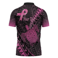 Breast Cancer Awareness Personalised Zipper Polo Shirt Pink Ribbon Turtle Polynesian Pattern Black