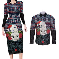 New Zealand Hei Tiki Christmas In July Couples Matching Long Sleeve Bodycon Dress and Long Sleeve Button Shirt Pohutukawa Santa Xmas Polynesian Pattern LT22 Black - Polynesian Pride