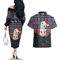 New Zealand Hei Tiki Christmas In July Couples Matching Off The Shoulder Long Sleeve Dress and Hawaiian Shirt Pohutukawa Santa Xmas Polynesian Pattern LT22 - Polynesian Pride
