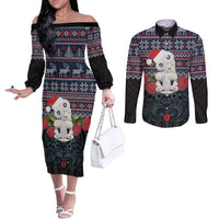 New Zealand Hei Tiki Christmas In July Couples Matching Off The Shoulder Long Sleeve Dress and Long Sleeve Button Shirt Pohutukawa Santa Xmas Polynesian Pattern LT22 Black - Polynesian Pride
