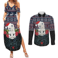New Zealand Hei Tiki Christmas In July Couples Matching Summer Maxi Dress and Long Sleeve Button Shirt Pohutukawa Santa Xmas Polynesian Pattern LT22 Black - Polynesian Pride
