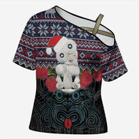 New Zealand Hei Tiki Christmas In July Cross Shoulder Shirt Pohutukawa Santa Xmas Polynesian Pattern LT22 Female Black - Polynesian Pride