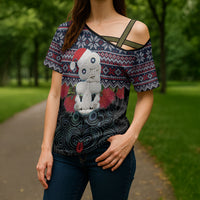 New Zealand Hei Tiki Christmas In July Cross Shoulder Shirt Pohutukawa Santa Xmas Polynesian Pattern LT22 - Polynesian Pride