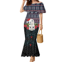 New Zealand Hei Tiki Christmas In July Family Matching Mermaid Dress and Hawaiian Shirt Pohutukawa Santa Xmas Polynesian Pattern LT22 Mom's Dress Black - Polynesian Pride
