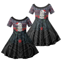 New Zealand Hei Tiki Christmas In July Family Matching Off Shoulder Short Dress and Hawaiian Shirt Pohutukawa Santa Xmas Polynesian Pattern LT22 Daughter's Dress Black - Polynesian Pride