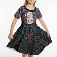 New Zealand Hei Tiki Christmas In July Kid Short Sleeve Dress Pohutukawa Santa Xmas Polynesian Pattern LT22 - Polynesian Pride