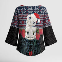New Zealand Hei Tiki Christmas In July Kimono Sleeve Blouse Pohutukawa Santa Xmas Polynesian Pattern LT22 - Polynesian Pride