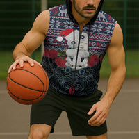 New Zealand Hei Tiki Christmas In July Sleeveless Zip Hoodie Pohutukawa Santa Xmas Polynesian Pattern LT22 - Polynesian Pride