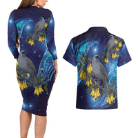 New Zealand Kokako Bird Couples Matching Long Sleeve Bodycon Dress and Hawaiian Shirt Kowhai Galaxy Style Polynesian Pattern LT22 - Polynesian Pride
