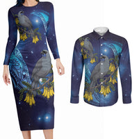 New Zealand Kokako Bird Couples Matching Long Sleeve Bodycon Dress and Long Sleeve Button Shirt Kowhai Galaxy Style Polynesian Pattern LT22 Blue - Polynesian Pride
