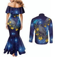 New Zealand Kokako Bird Couples Matching Mermaid Dress and Long Sleeve Button Shirt Kowhai Galaxy Style Polynesian Pattern LT22 - Polynesian Pride