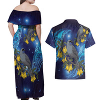 New Zealand Kokako Bird Couples Matching Off Shoulder Maxi Dress and Hawaiian Shirt Kowhai Galaxy Style Polynesian Pattern LT22 - Polynesian Pride