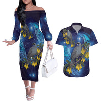 New Zealand Kokako Bird Couples Matching Off The Shoulder Long Sleeve Dress and Hawaiian Shirt Kowhai Galaxy Style Polynesian Pattern LT22 Blue - Polynesian Pride
