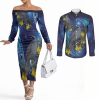 New Zealand Kokako Bird Couples Matching Off The Shoulder Long Sleeve Dress and Long Sleeve Button Shirt Kowhai Galaxy Style Polynesian Pattern LT22 Blue - Polynesian Pride