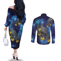 New Zealand Kokako Bird Couples Matching Off The Shoulder Long Sleeve Dress and Long Sleeve Button Shirt Kowhai Galaxy Style Polynesian Pattern LT22 - Polynesian Pride